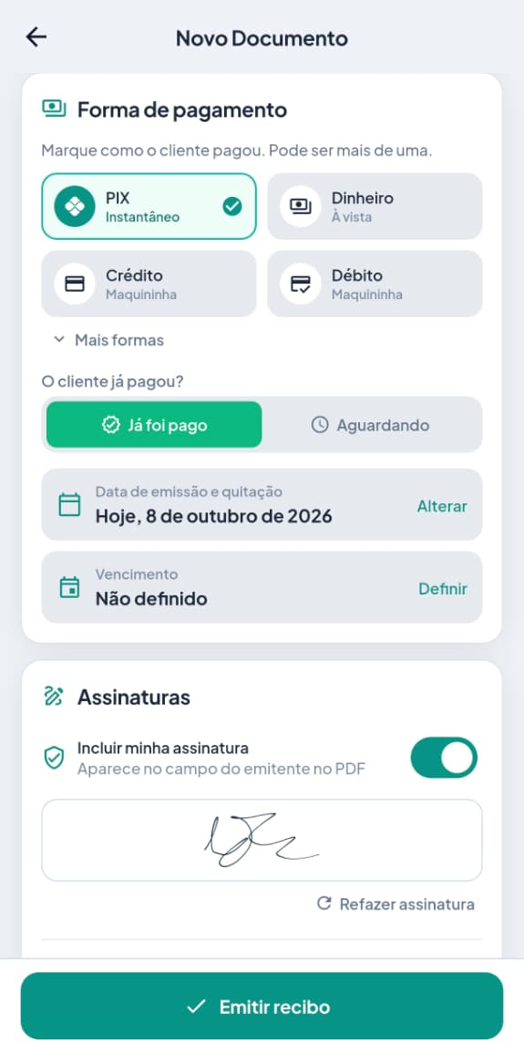 Formulário do recibo: forma de pagamento Pix, a pergunta O cliente já pagou, data de emissão, vencimento e assinatura