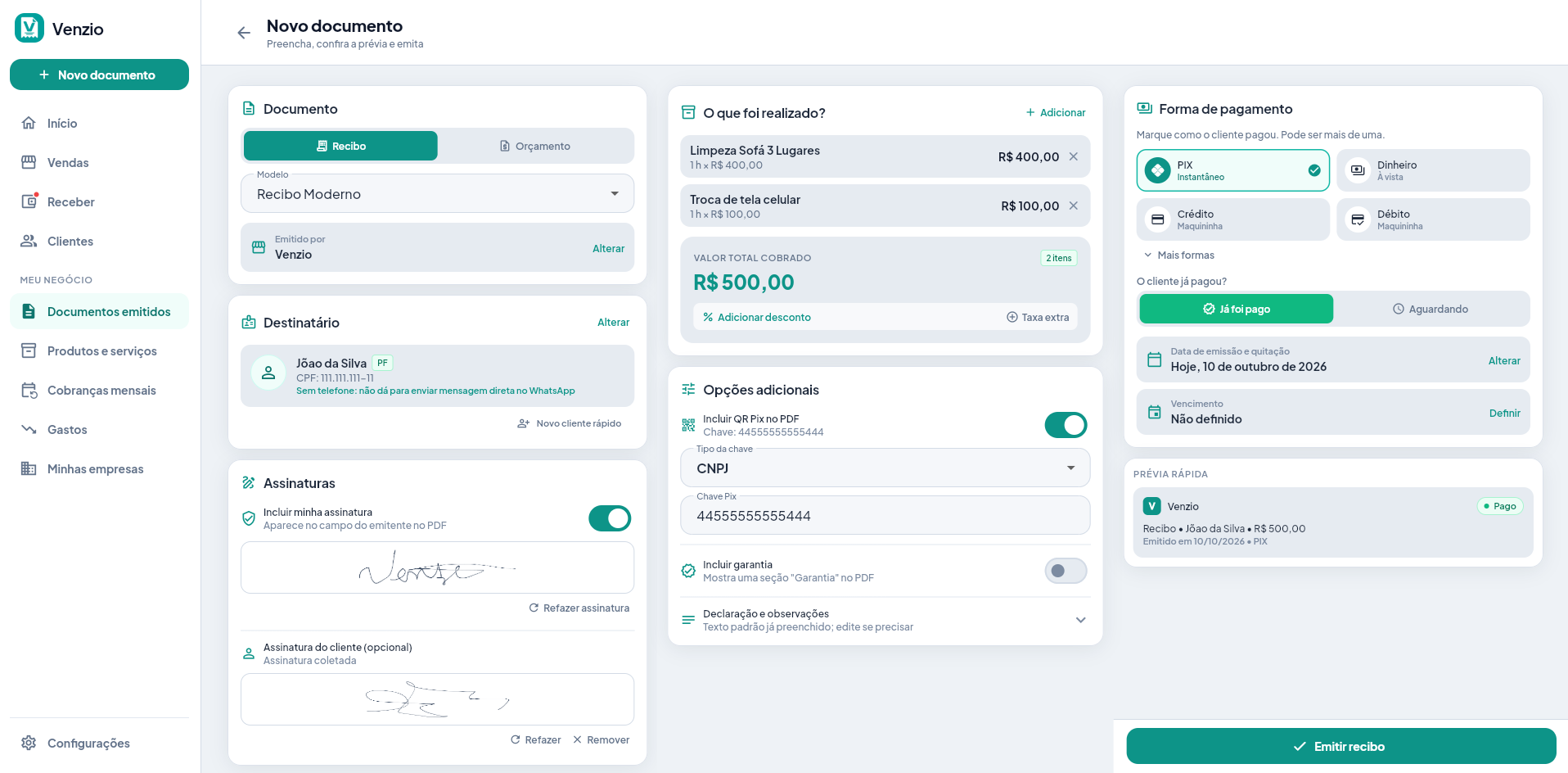 Formulário de novo recibo no computador, em colunas, com os dados do documento, os itens e o pagamento