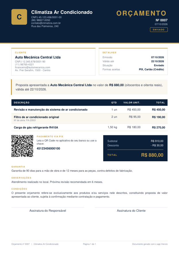 Modelo Orçamento Executivo preenchido com um exemplo