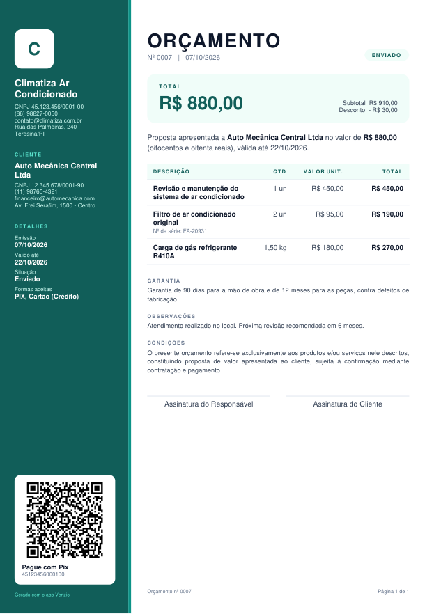 Modelo Orçamento Moderno preenchido com um exemplo