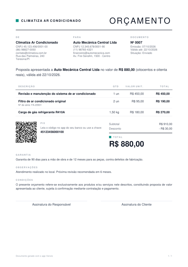Modelo Orçamento Minimalista preenchido com um exemplo