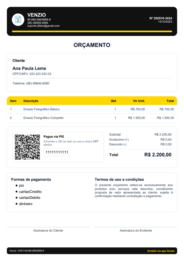 Modelo Orçamento Premium 1 preenchido com um exemplo