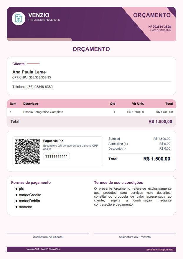 Modelo Orçamento Premium 2 preenchido com um exemplo
