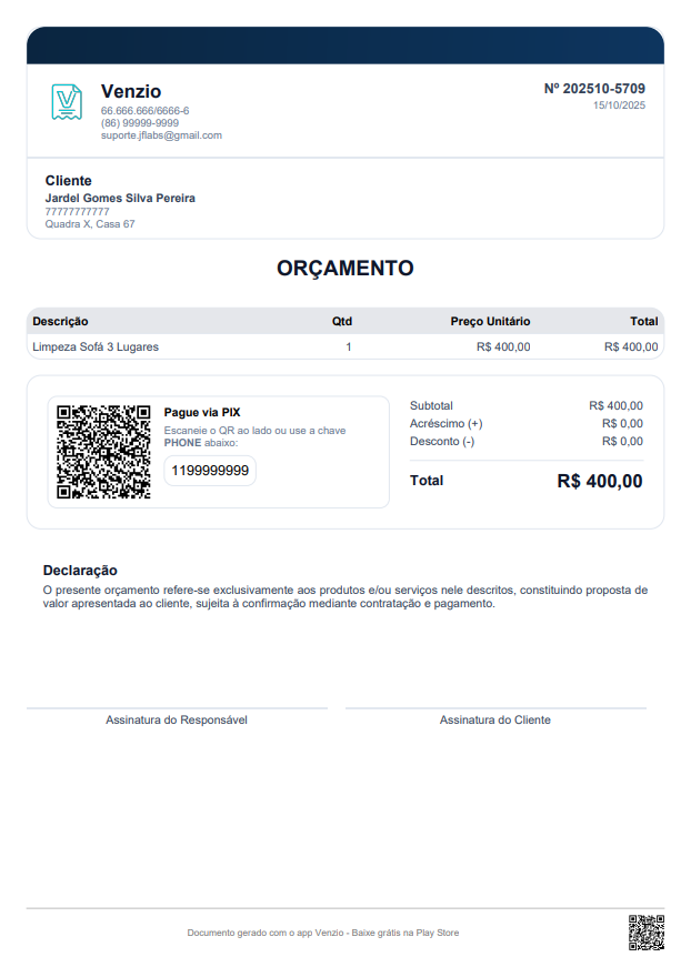 Modelo Orçamento Simples preenchido com um exemplo