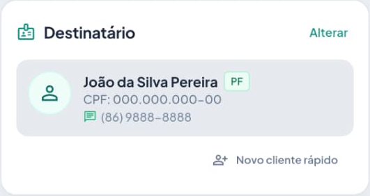 Trecho do formulário com o cliente escolhido e o atalho Novo cliente rápido