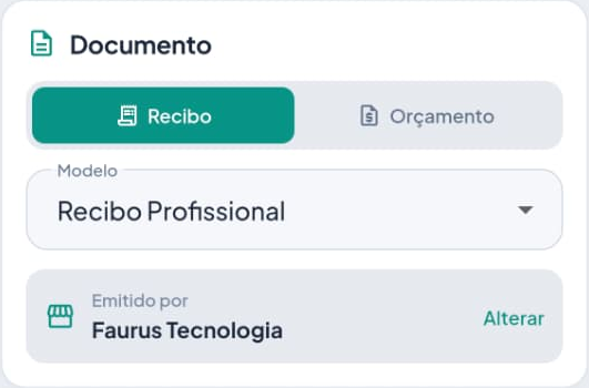 Trecho do formulário: botões Recibo e Orçamento, modelo Recibo Profissional e a empresa que emite