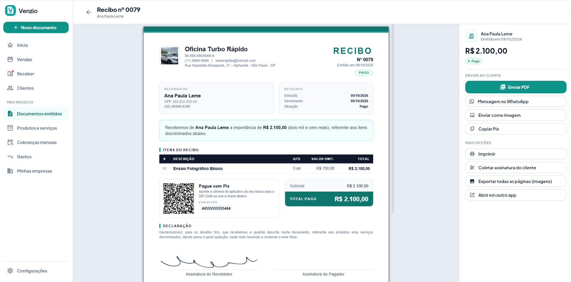 Recibo nº 0079 aberto no computador, com o PDF ao centro e as ações Enviar PDF, Mensagem no WhatsApp, Imprimir e outras ao lado