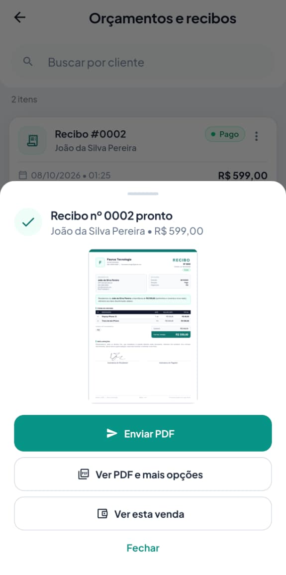 Tela do aplicativo logo depois de emitir: recibo nº 0002 pronto, com o botão Enviar PDF