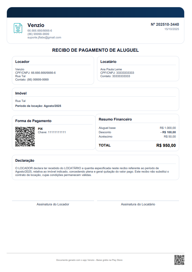 Modelo Recibo de Aluguel preenchido com um exemplo