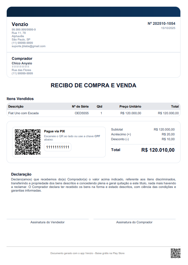 Modelo Recibo de Compra e Venda preenchido com um exemplo