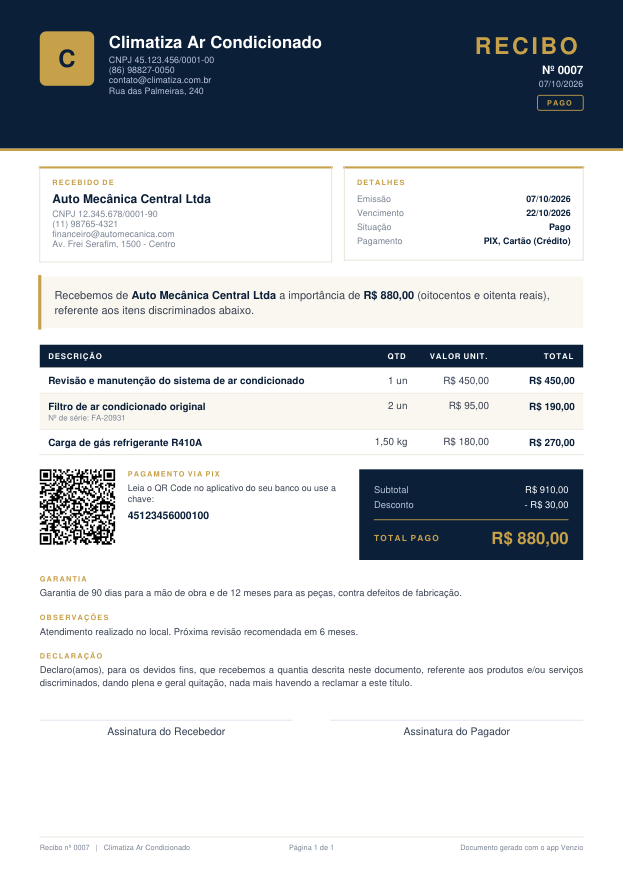 Modelo Recibo Executivo preenchido com um exemplo