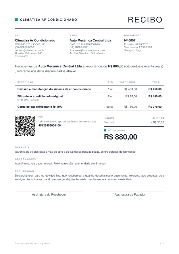 Modelo Recibo Minimalista preenchido com um exemplo