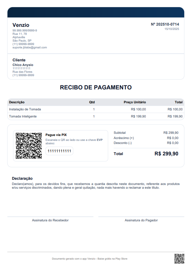 Modelo Recibo de Pagamento preenchido com um exemplo