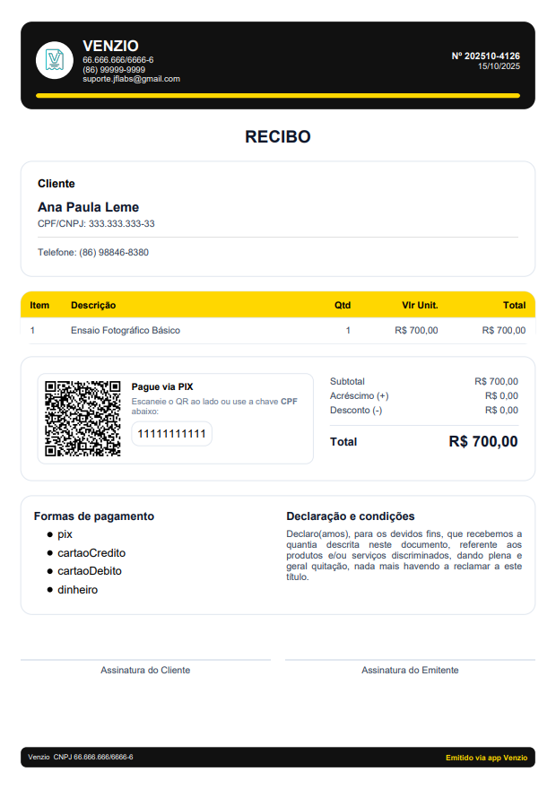 Modelo Recibo Premium 1 preenchido com um exemplo