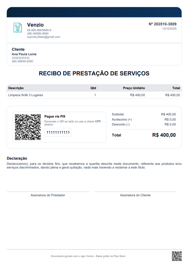 Modelo Recibo de Prestação de Serviços preenchido com um exemplo