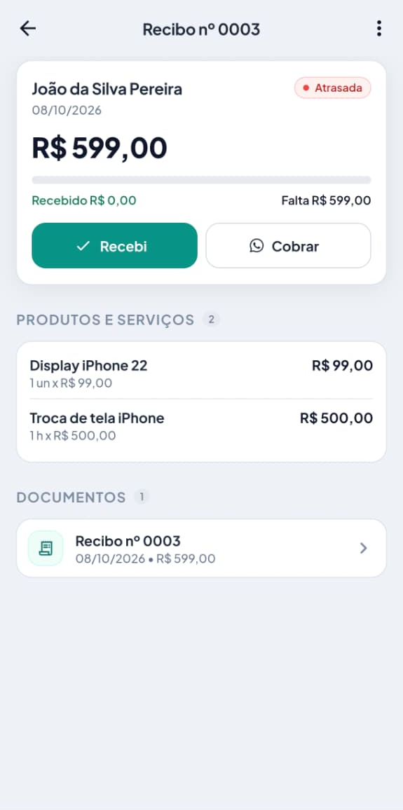 Detalhe de um recibo no aplicativo, com o valor, o que já foi recebido, o que falta e os botões Recebi e Cobrar