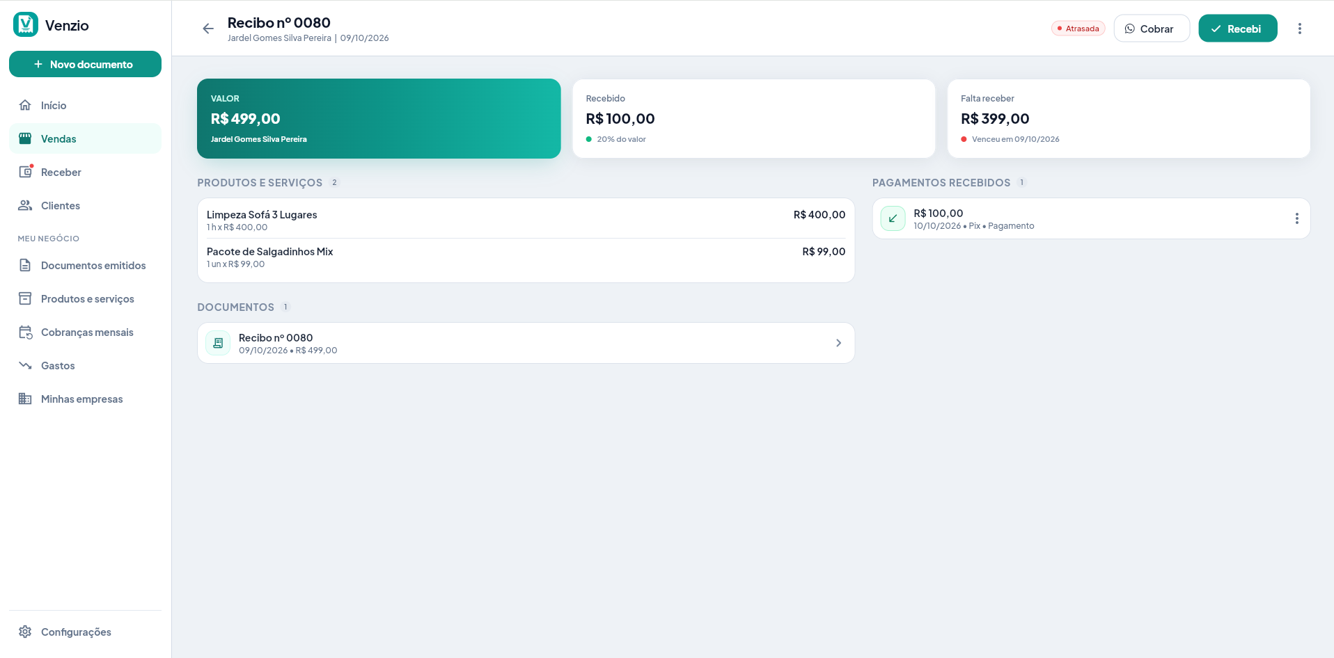 Detalhe de uma venda no computador: valor, recebido, o que falta, itens, documentos e pagamentos, com os botões Cobrar e Recebi