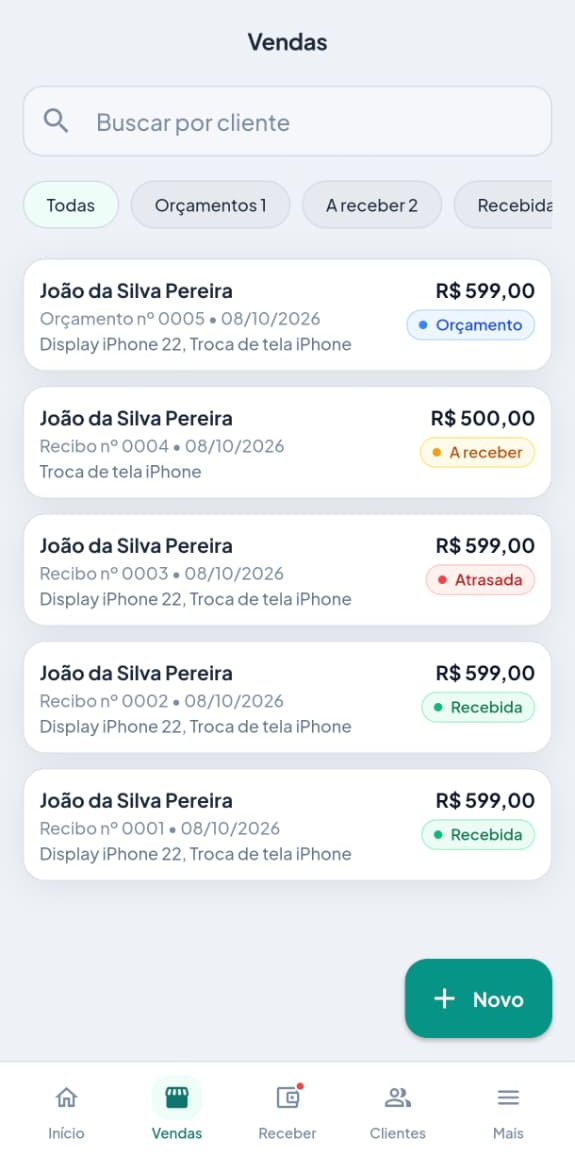 Aba Vendas do aplicativo, com filtros Todas, Orçamentos, A receber e Recebidas e cada venda com o seu estado